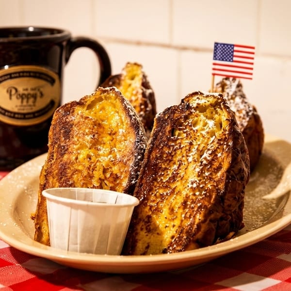 Thick-cut French toast with powdered sugar, a side of syrup, and a Poppy's Diner coffee mug.